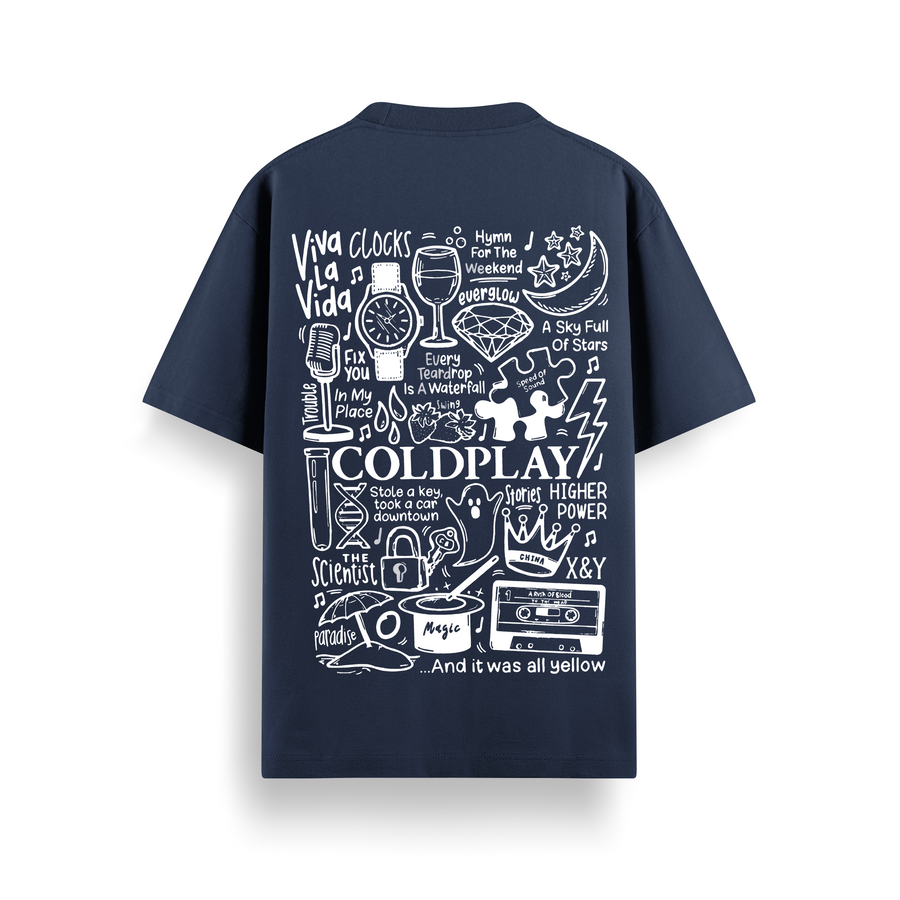 Coldplay Doodle Navy Oversized 240 GSM Tee